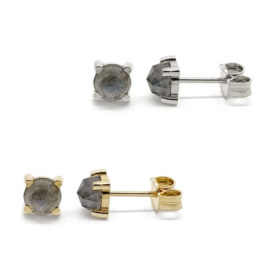 Pair of round rose cut labradorite stud earrings in 14kt yellow and white gold
