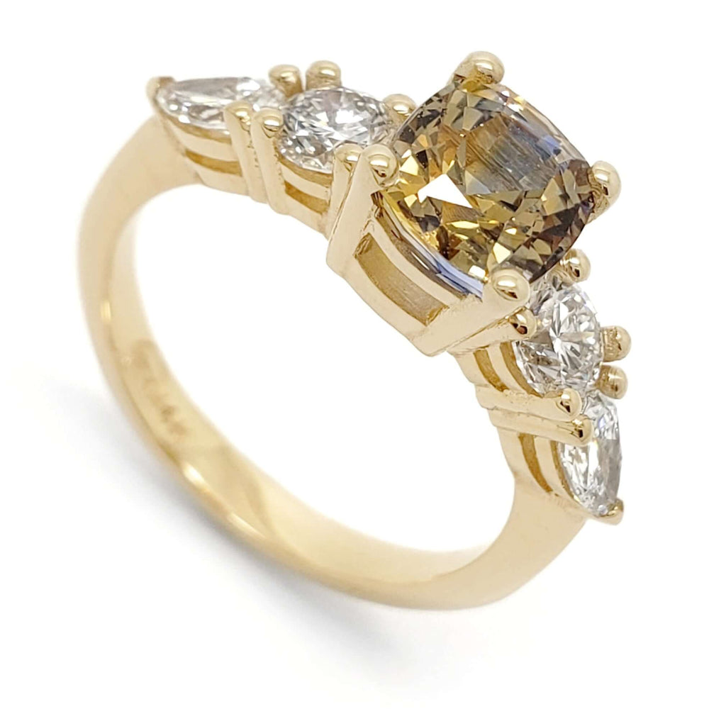 14kt yellow gold ring with cushion cut bi-colour sapphire and pear and round lab diamonds
