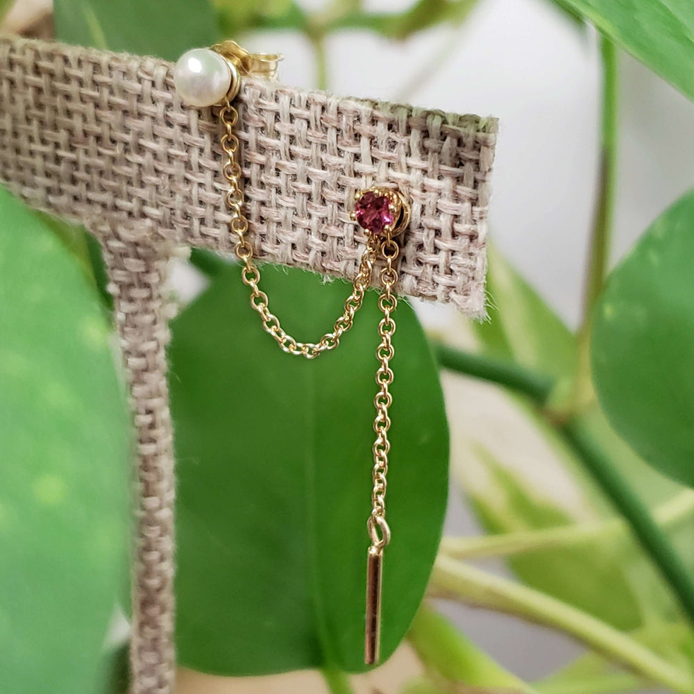 14kt yellow gold chain earring jacket styled with pearl and garnet studs