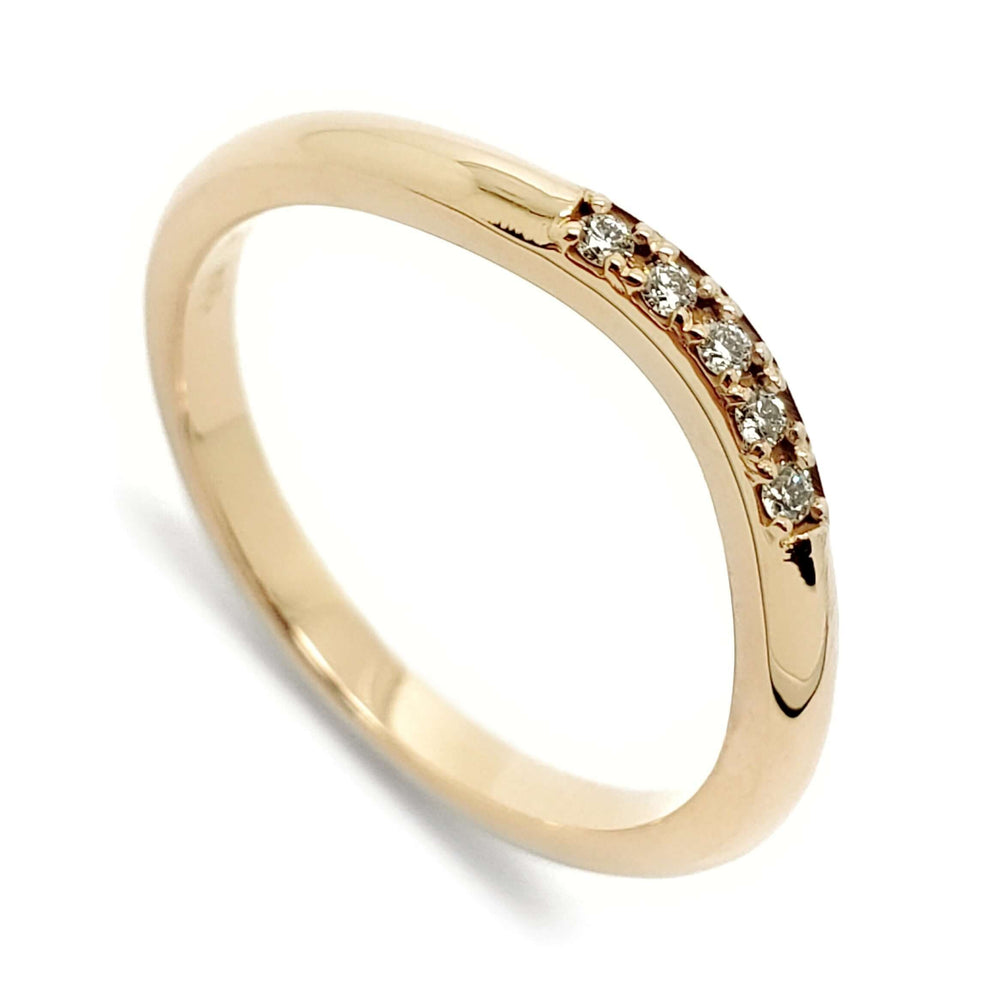 14kt yellow gold chevron wedding ring with five pave set Canadian diamonds