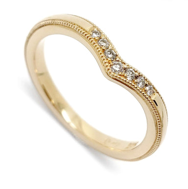 Chevron wedding ring in 14kt yellow gold with pave-set lab diamonds and millgrain detail