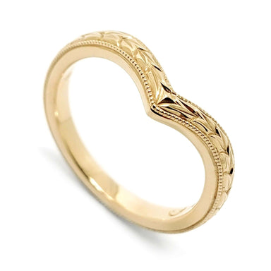 14kt yellow gold chevron wedding ring with wheat engraving and millgrain detail