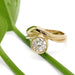 14kt yellow gold curvy engagement ring with lab diamond, angled view near green stem