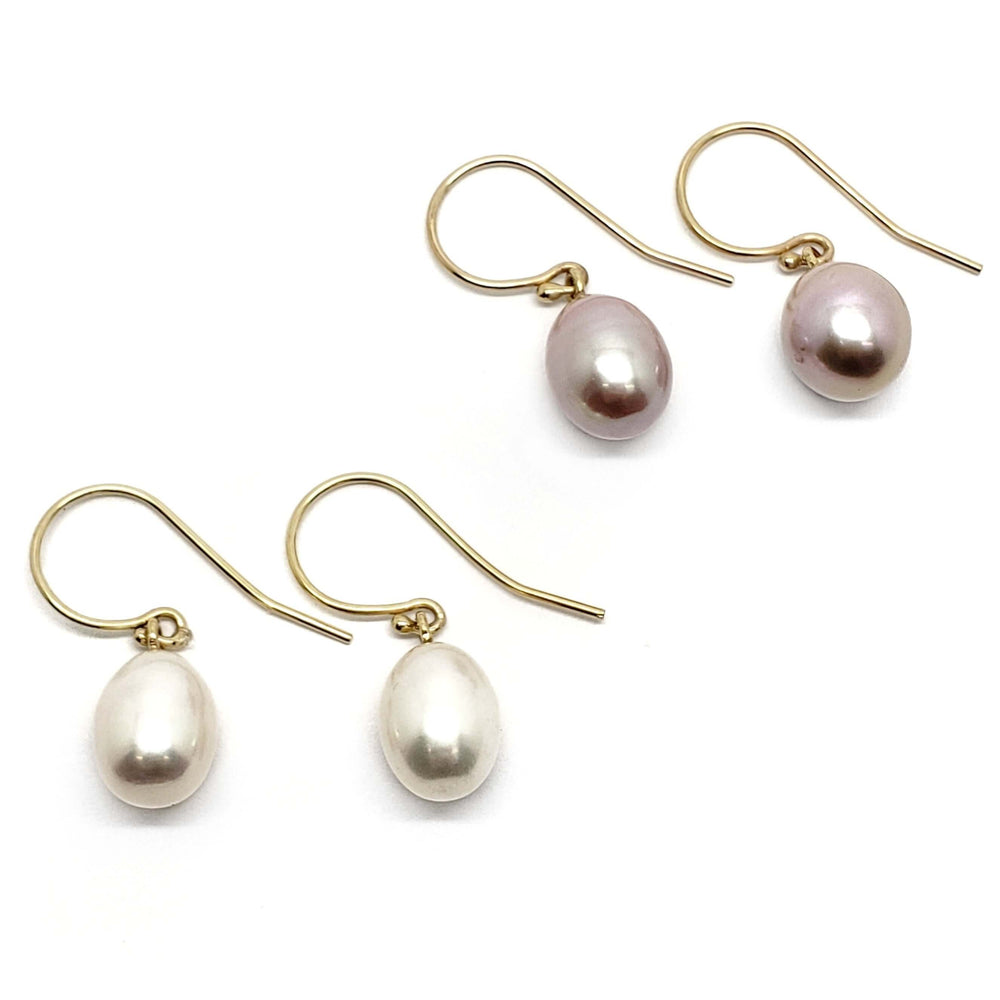 Two pairs of 14kt yellow gold dangle earrings with mauve and white oblong freshwater pearls