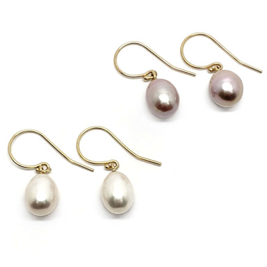 Two pairs of 14kt yellow gold dangle earrings with mauve and white oblong freshwater pearls