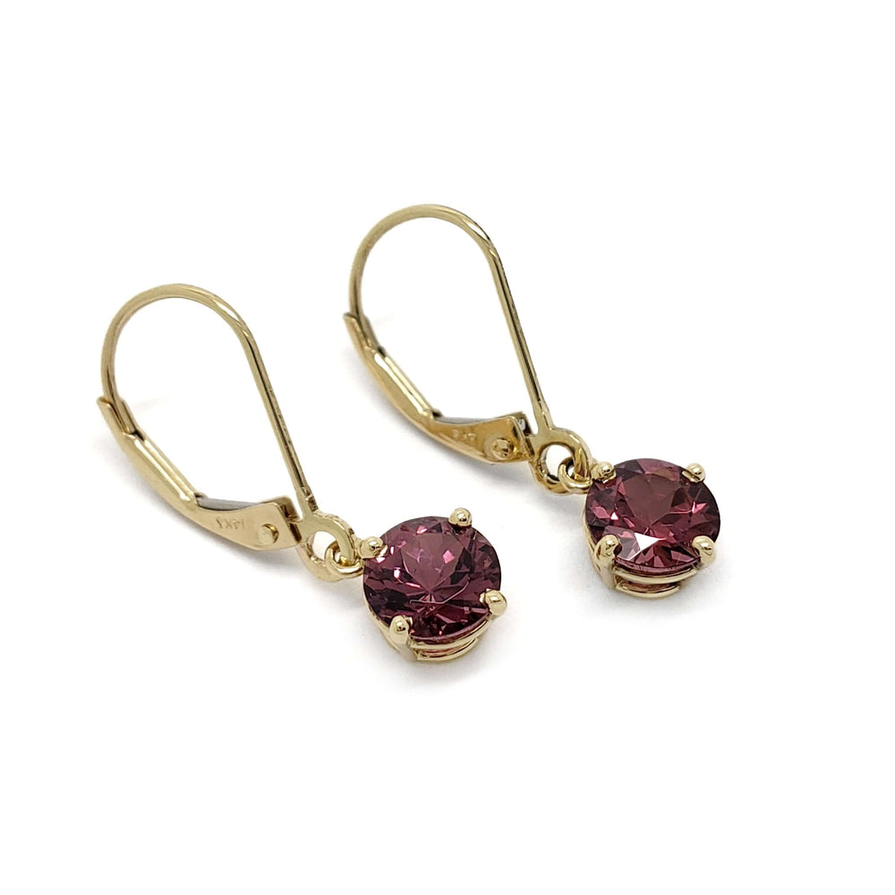 Pair of 14kt yellow gold drop earrings with round purple-red rhodolite garnets