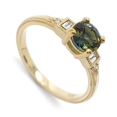 14kt yellow gold engagement ring with round bi-colour Australian sapphire and baguette lab diamonds
