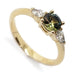 14kt yellow gold engagement ring with round green-yellow Montana sapphire and two pear cut lab diamonds
