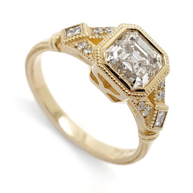 14kt yellow gold engagement ring with asscher cut lab diamond and vintage-inspired setting