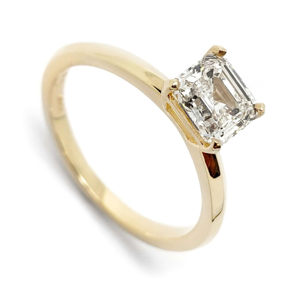 14kt yellow gold engagement ring with asscher cut lab grown diamond in solitaire setting