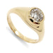 14kt yellow gold engagement ring with bezel-set round lab diamond, angled view