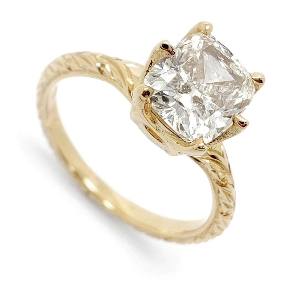 14kt yellow gold engagement ring with cushion cut lab diamond and engraved band