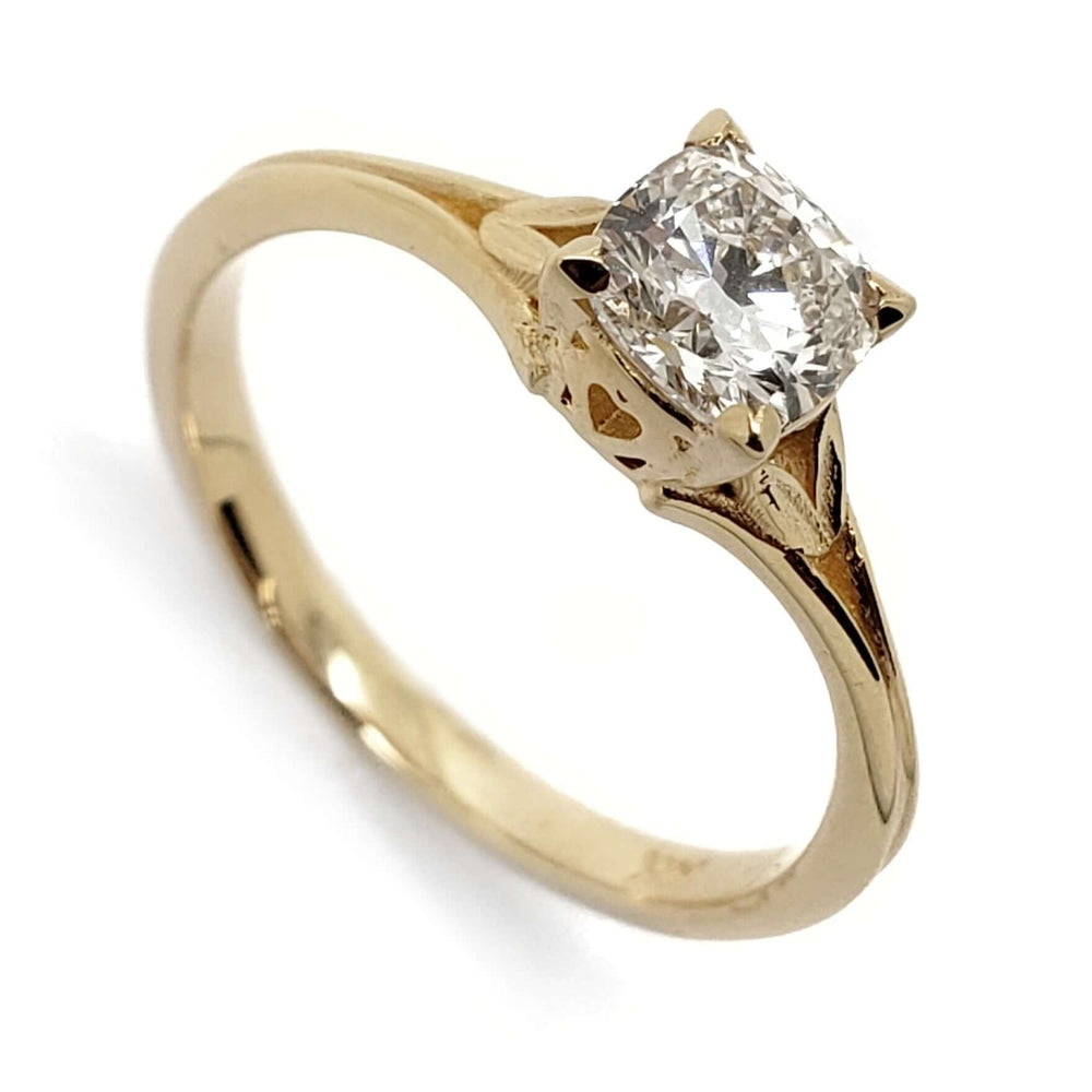 14kt yellow gold engagement ring with cushion lab diamond in claw setting