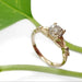 14kt yellow gold engagement ring with lab-grown diamond and leaf motif, beside a green stem