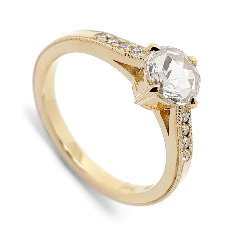 14kt yellow gold engagement ring with rose cut lab diamond and pave-set shoulders