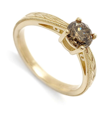 Handcrafted 14kt yellow gold engagement ring with round champagne diamond and engraved band
