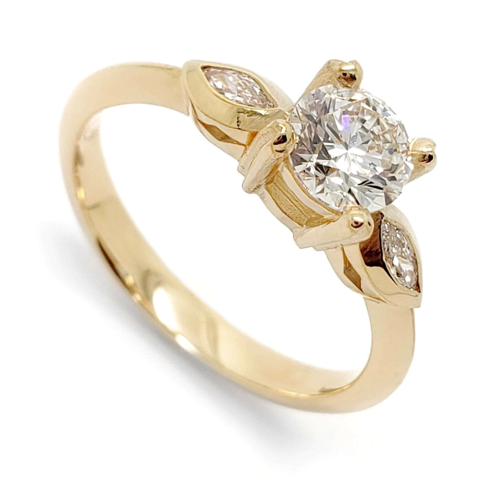 14kt yellow gold engagement ring with round lab diamond and marquise diamond accents