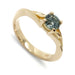 14kt yellow gold engagement ring with teal Montana sapphire and leaf detail