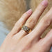 14kt yellow gold engraved engagement ring with lab diamond shown on hand