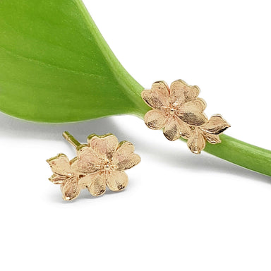 14kt yellow gold floral stud earrings displayed on a green leaf