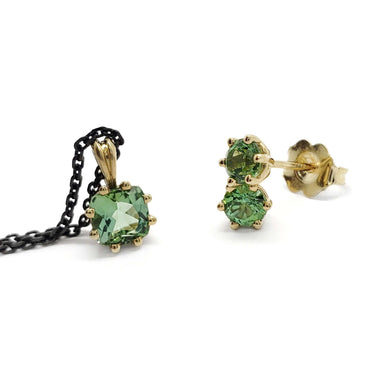 14kt yellow gold pendant with cushion cut green tourmaline and matching stud earrings with round green tourmaline