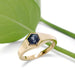 14kt yellow gold hexagon Montana sapphire ring beside a green leaf