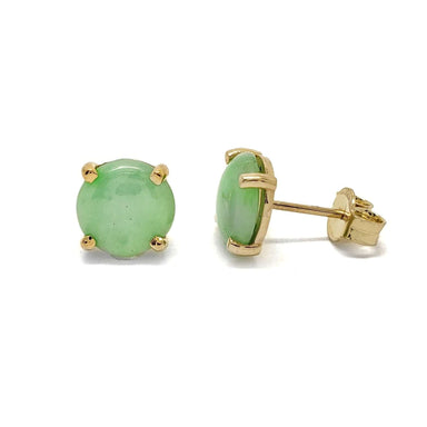 Pair of round green jade stud earrings in 14kt yellow gold, front and side view