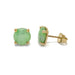 Pair of round green jade stud earrings in 14kt yellow gold, front and side view