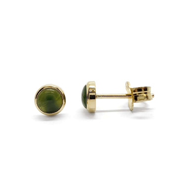 Pair of 14kt yellow gold stud earrings with round bezel-set green jade cabochons