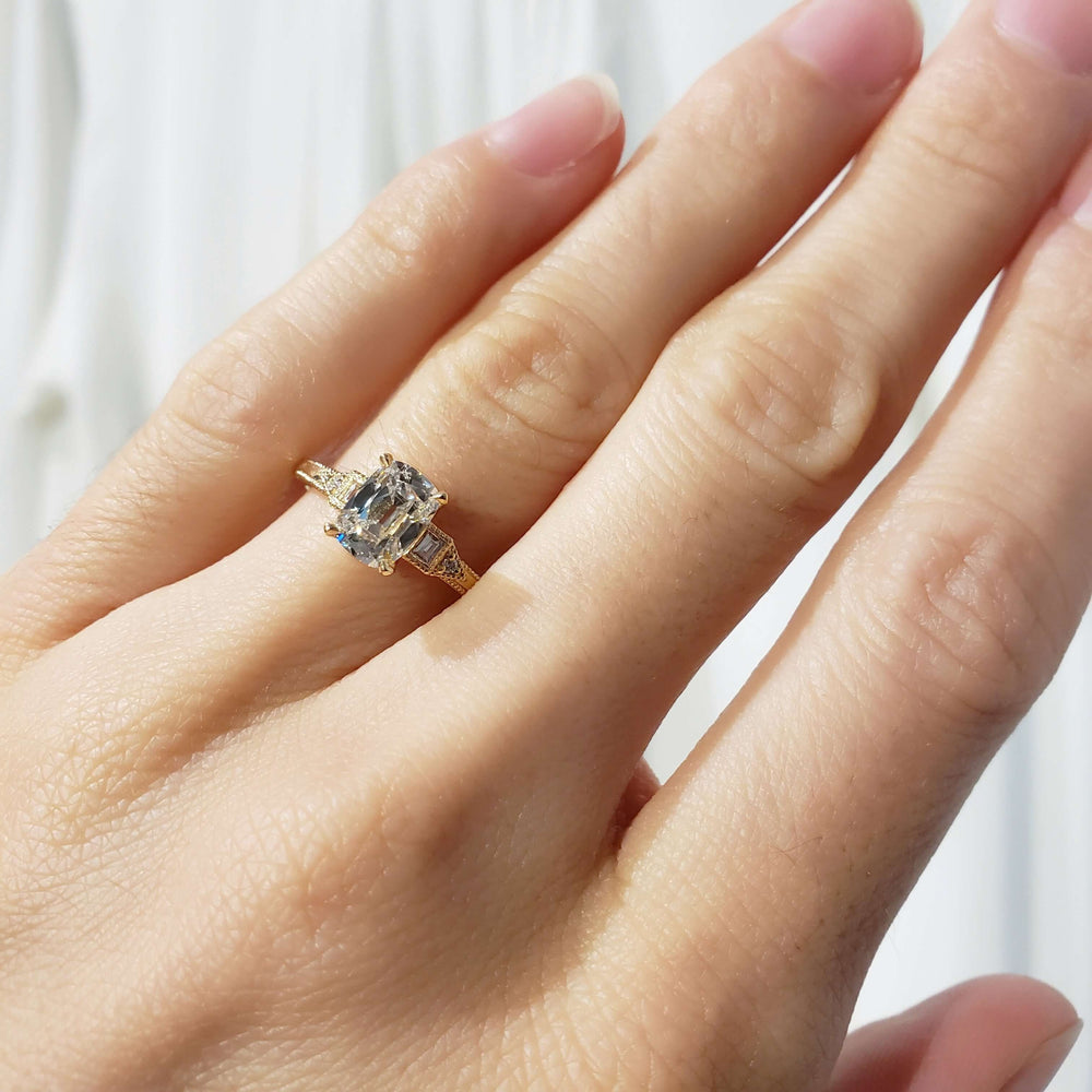 14kt yellow gold lab diamond engagement ring shown on hand