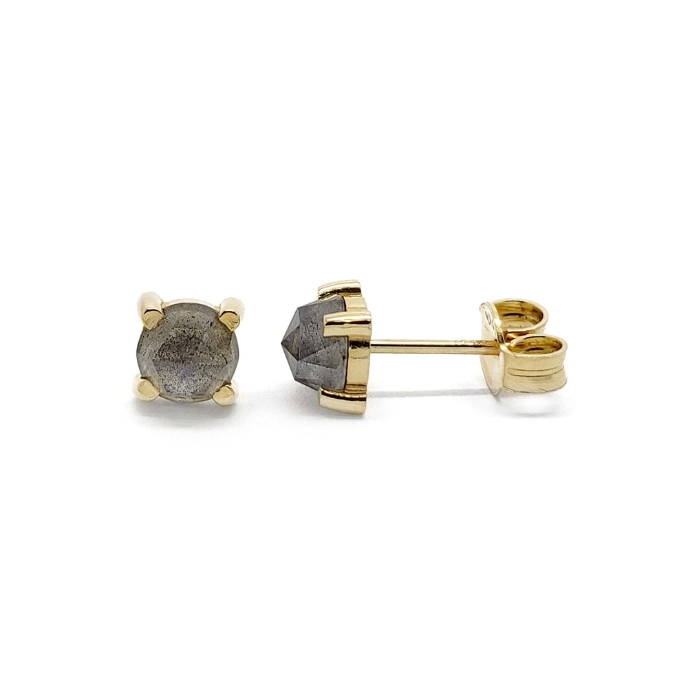 Round rose cut labradorite stud earrings in 14kt yellow gold