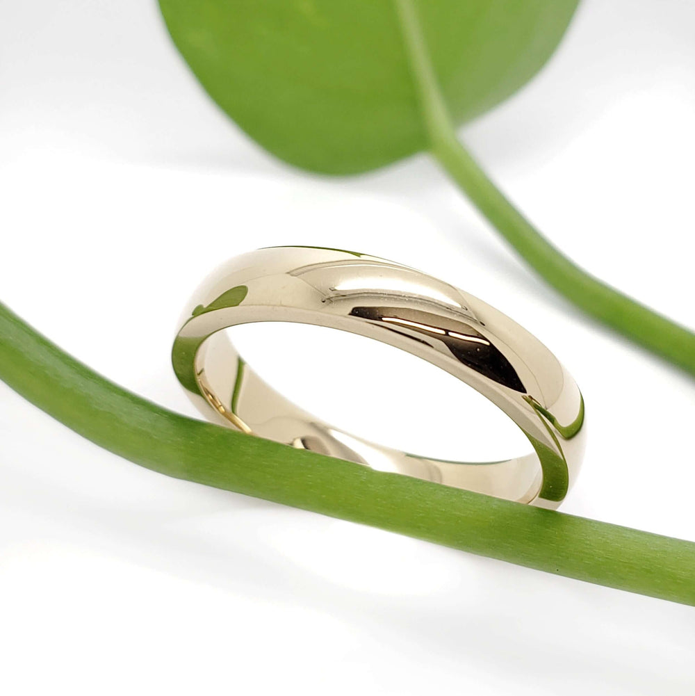 14kt yellow gold low dome wedding ring with high polish, styled with green leaf