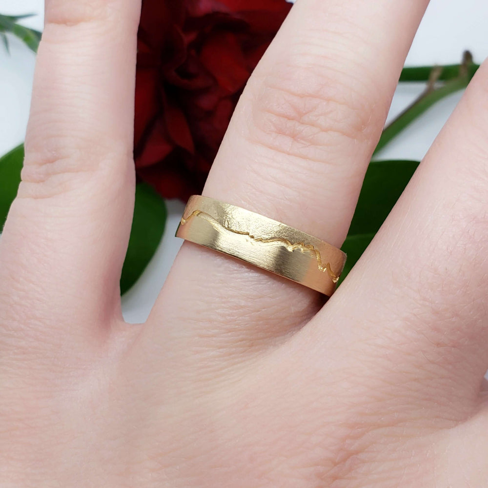 14kt yellow gold mountain range wedding ring worn on a hand, showing textured details