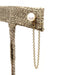 Single 14kt yellow gold pearl stud earring with chain dangle on display stand