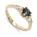 14kt yellow gold ring with round blue-green Australian sapphire and two pear lab diamonds