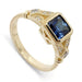 14kt yellow gold ring with asscher cut deep blue Australian sapphire and Canadian diamonds