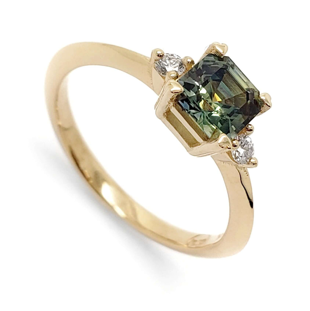 14kt yellow gold ring with asscher cut parti sapphire and two lab-grown diamonds