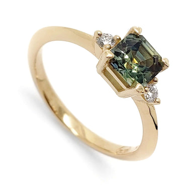 14kt yellow gold ring with asscher cut parti sapphire and two lab-grown diamonds