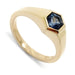 14kt yellow gold ring with hexagon teal Montana sapphire, angled view