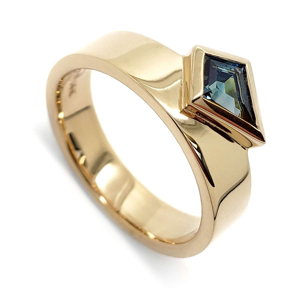 14kt yellow gold ring with kite-shaped teal Australian sapphire in bezel setting