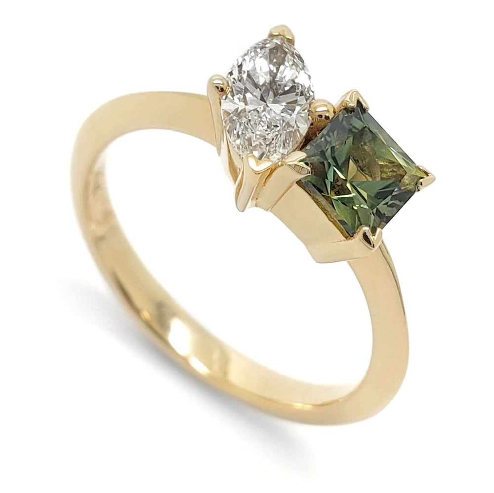 14kt yellow gold ring with marquise Canadian diamond and princess cut teal Australian sapphire