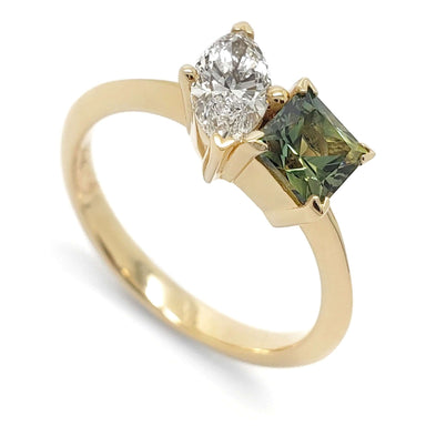 14kt yellow gold ring with marquise Canadian diamond and princess cut teal Australian sapphire