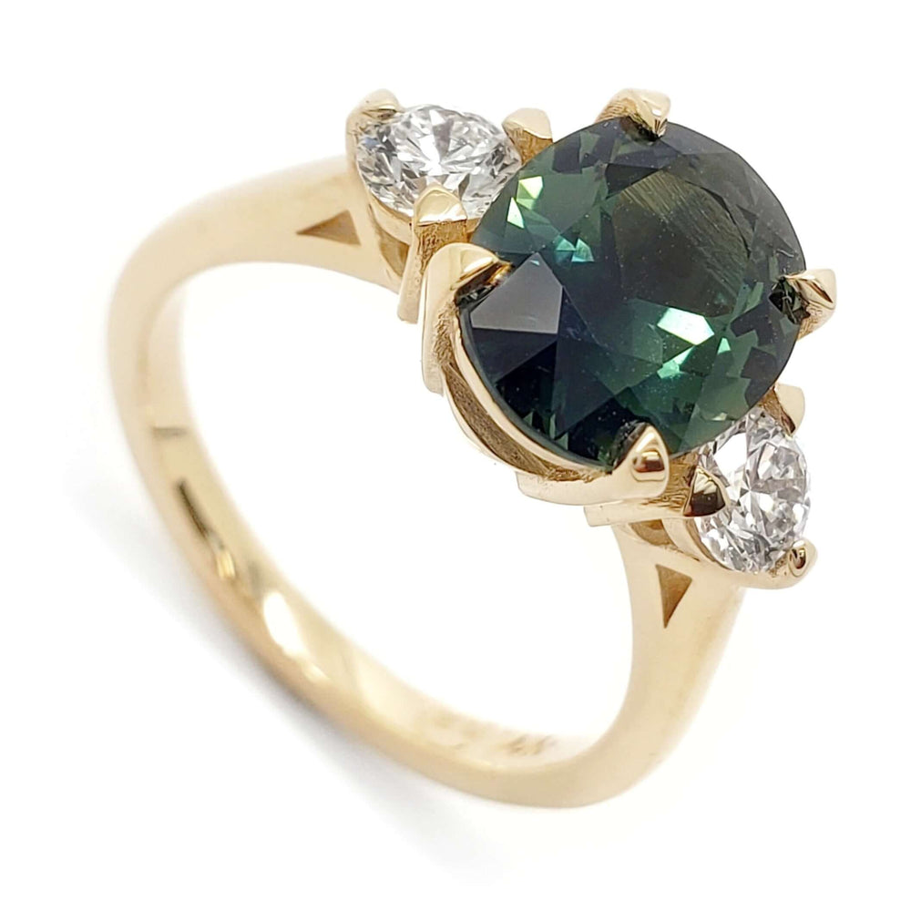 14kt yellow gold ring with oval bi-colour Australian sapphire and two round lab diamonds