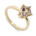 14kt yellow gold ring with shield cut grey sapphire, solitaire setting, close-up view