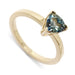 14kt yellow gold ring with trillion cut teal Australian sapphire, close-up view