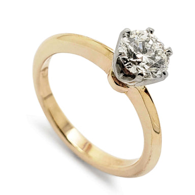 14kt yellow gold solitaire ring with round brilliant diamond in white gold six-prong setting