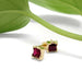 Square lab ruby stud earrings in 14kt yellow gold shown with green leaf
