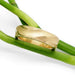 14kt yellow gold textured wedding ring resting on green stems