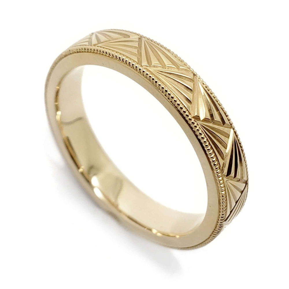 14kt yellow gold wedding ring with Art Deco hand engraving and millgrain edge