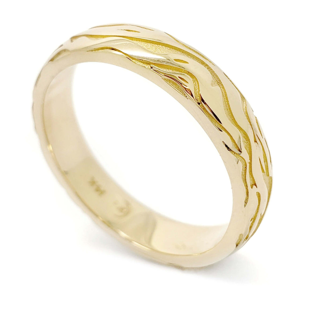 14kt yellow gold wedding ring with bark-inspired texture by Era Design
